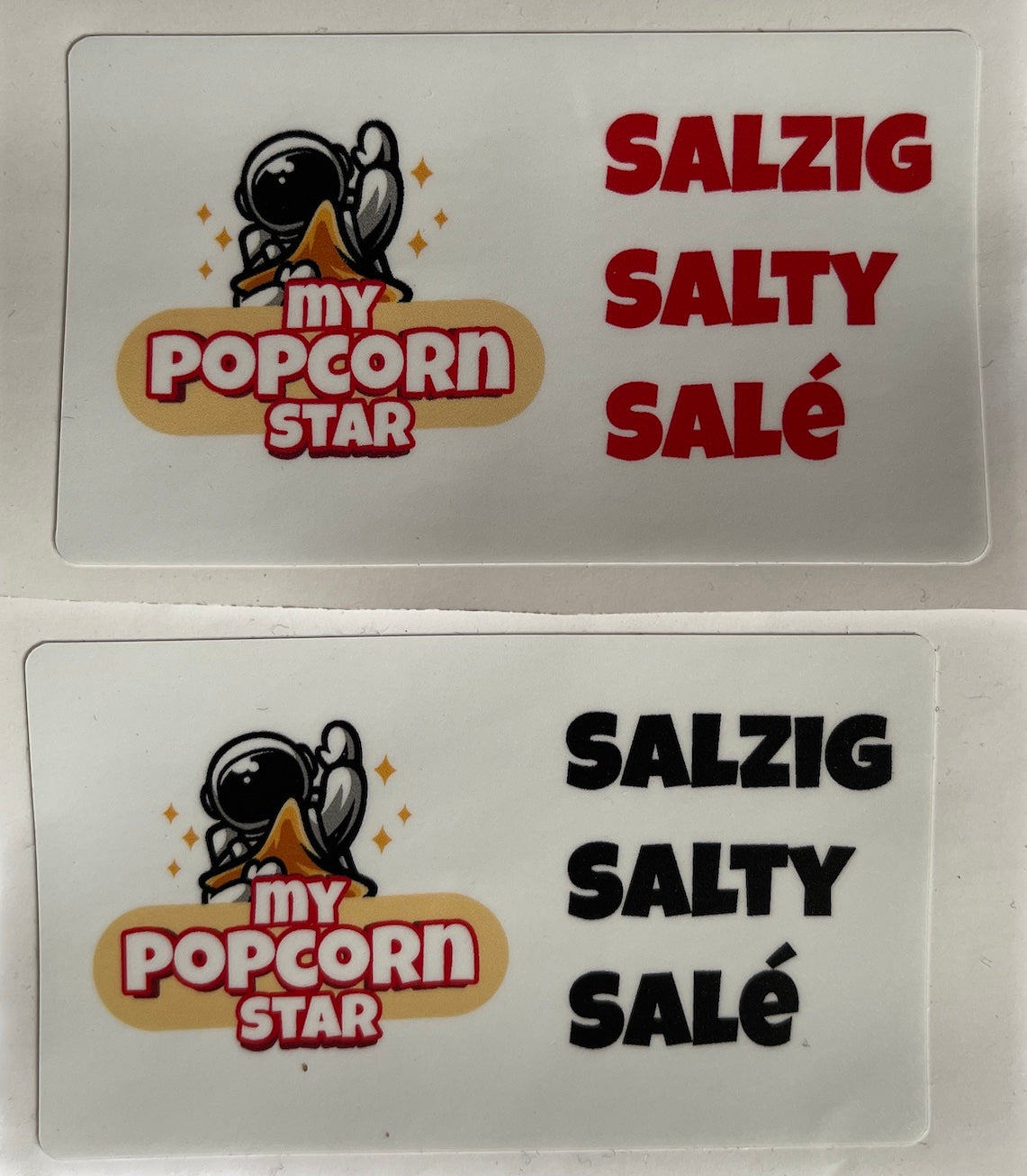 Flavor Stickers "SALZIG SALTY SALE" with logo My Popcorn Star