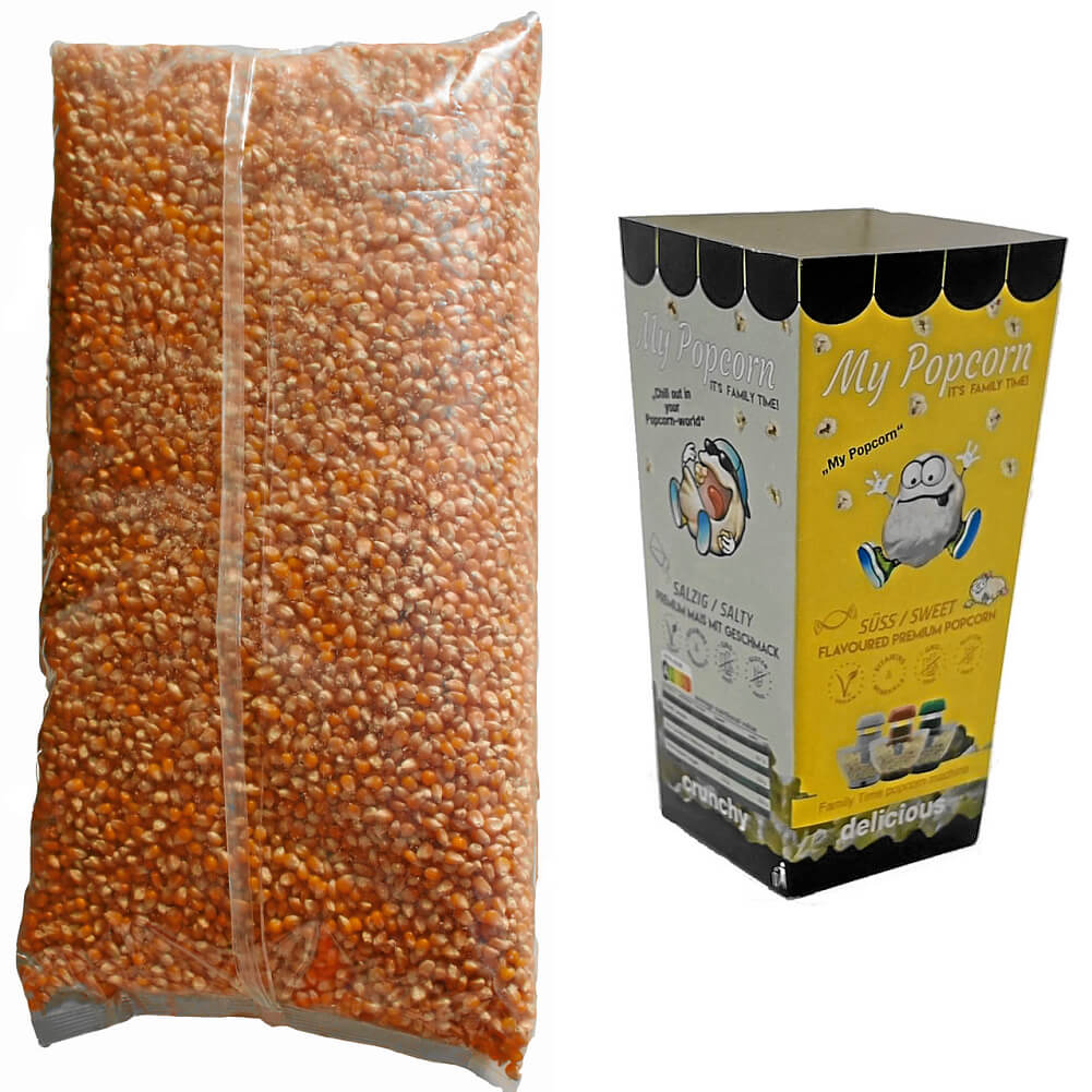 Kombi-Box süss: 15 kg Popcorn-Mais süss und 450 Faltbecher
